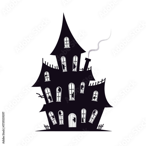 Spooky haunted house silhouette with broken windows and eerie smoke, perfect for Halloween-themed designs and captivating scary stories, creating chilling vibes