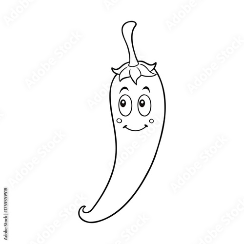 A bold red hot chili pepper design ready to color, showing its curved shape, pointed tip, and stem. Perfect for adding fiery shades and learning about spicy vegetables.
