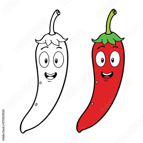 A bold red hot chili pepper design ready to color, showing its curved shape, pointed tip, and stem. Perfect for adding fiery shades and learning about spicy vegetables.
