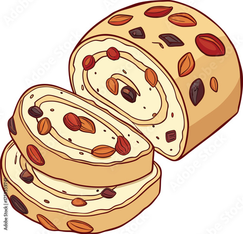 Delicious swiss roll cake with nuts vector