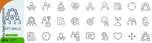 Soft Skills Icon Set – 36 Line Style Symbols for Communication, Leadership, and Emotional Intelligence