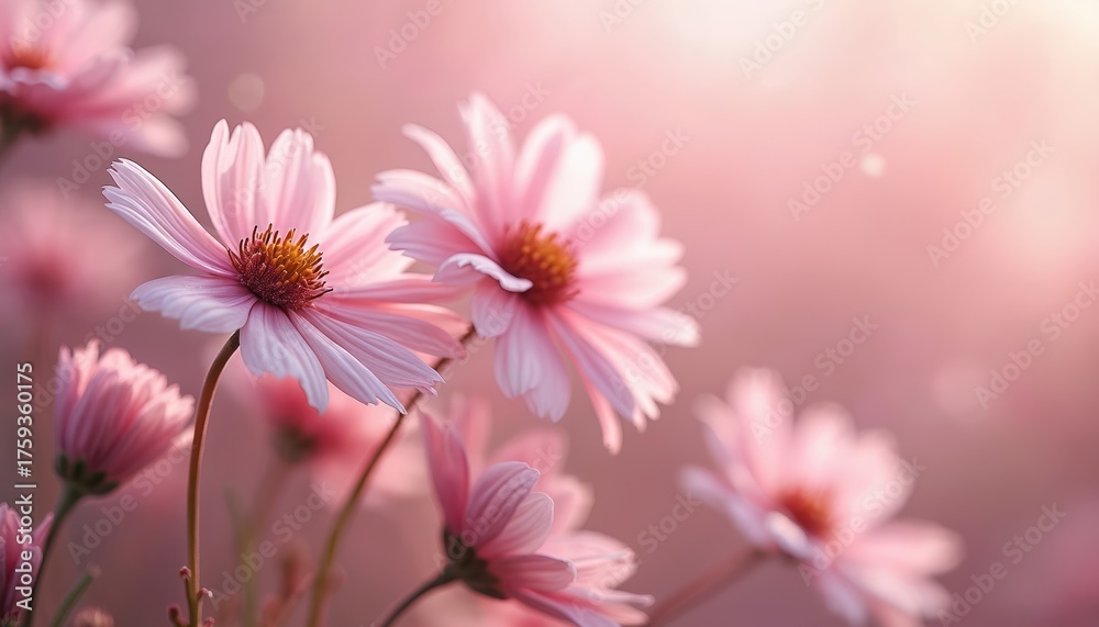 Fototapeta premium Soft pink cosmos flowers bloom gently in a blurred garden. Delicate petals open to sunlight creating a serene, dreamy atmosphere ideal for beauty and nature themes. Light pastel backdrop.