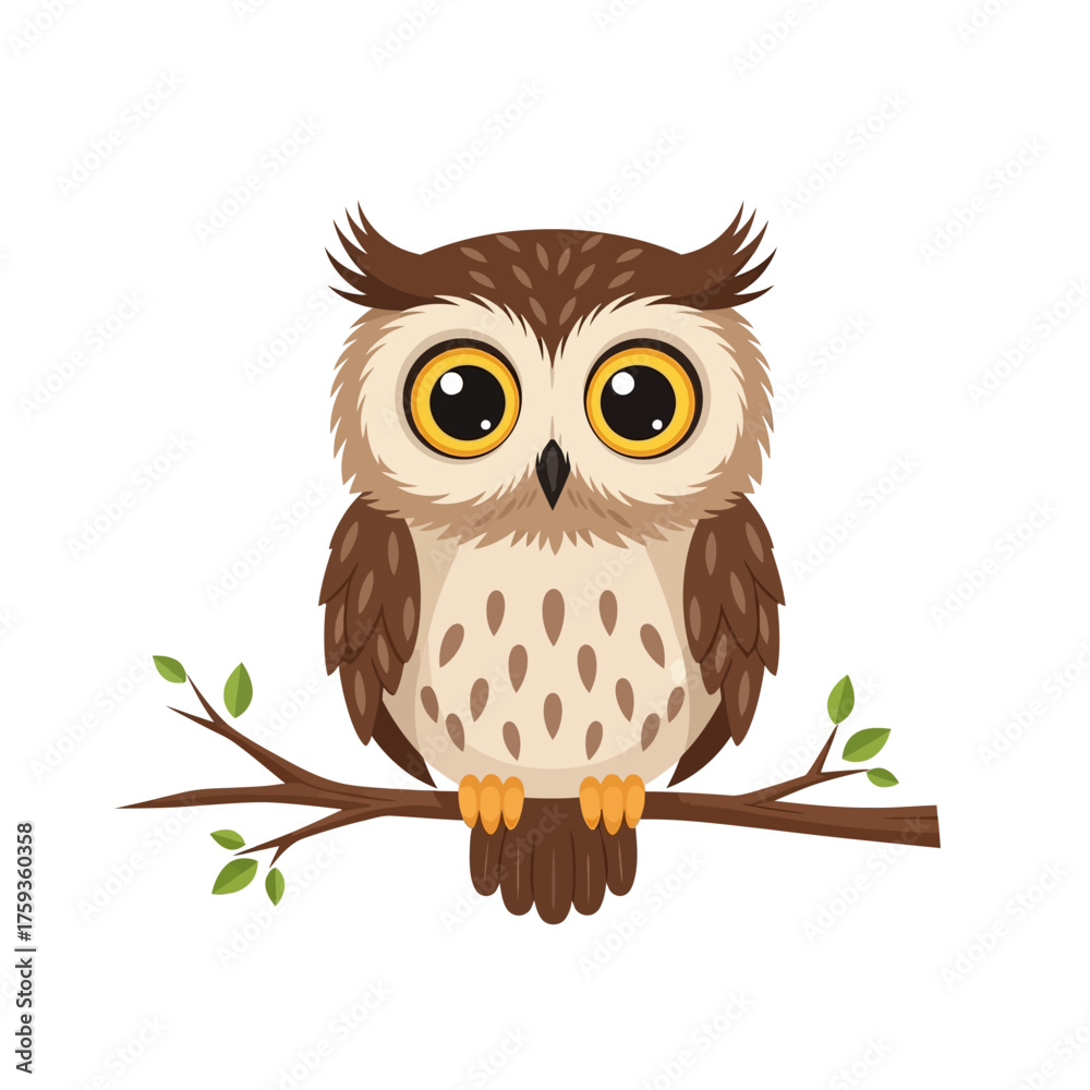 Fototapeta premium Adorable cartoon owl perched on a branch with bright eyes - perfect for children's books, educational resources, and charming animal-themed designs!