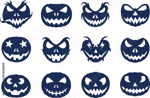 Vector art of collection of spooky jackolantern faces with scary expressions