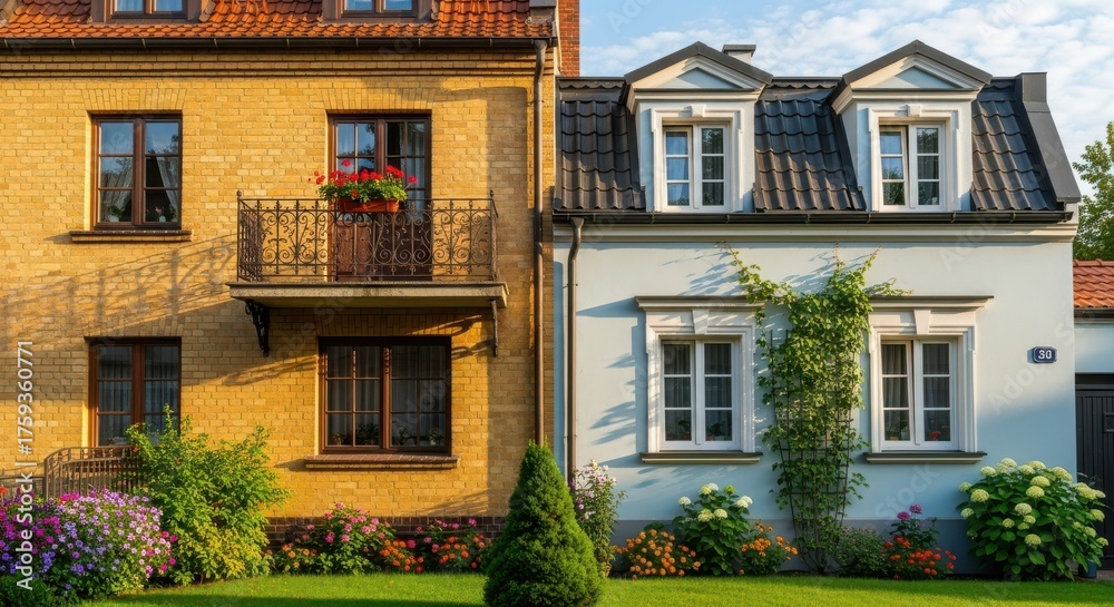 Naklejka premium Charming Neighborhood Houses: A juxtaposition of Architectural Styles and Gardens