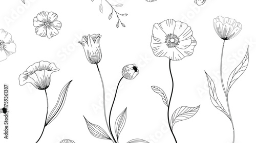 A delicate floral pattern featuring various flower types in a black and white line drawing style design silhouette
