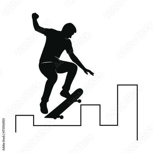 Dynamic silhouette of a skateboarder performing a jump trick against an urban street backdrop representing extreme sports and active lifestyle
