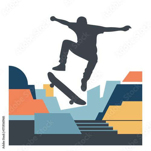 Dynamic silhouette of a skateboarder performing an aerial jump trick against a vibrant urban street backdrop representing extreme sports and youth culture