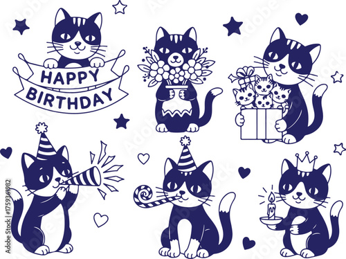 Vector art of set of cute cartoon cats celebrating happy birthday with gifts and party favors