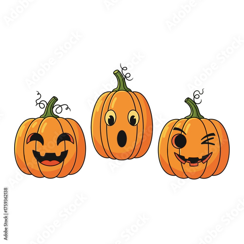 Spooky Halloween fun with three cute cartoon pumpkins displaying happy, surprised, and winking expressions ready for holiday designs and seasonal marketing