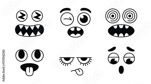 Collection of cartoon faces with different expressions in black and white outline style vector art silhouette