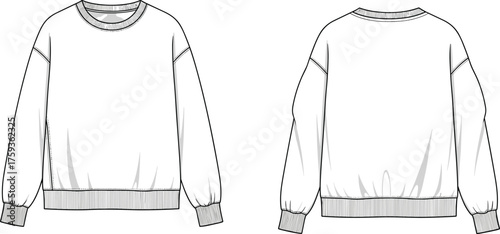 Sweatshirt technical sketch, front and back view, crew neck, ribbed cuffs, fashion flat, garment design, apparel template, clothing illustration