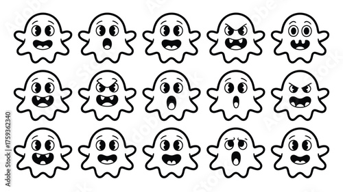Collection of fifteen cartoon ghosts with various expressions in black and white outline style silhouette