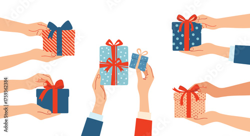 Many hands are holding colorful gift boxes with ribbons for special occasions and celebrations.