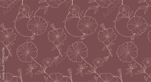 A repeating pattern of stylized vine leaves and circular foliage against a deep rose background.