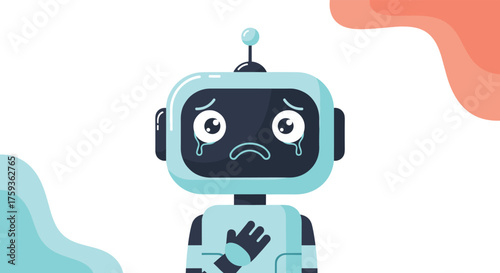 A cute robot with a sad expression and tears in its eyes holding its chest