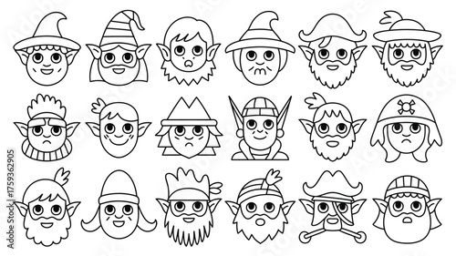 Line art illustration of cartoon elf faces with various hats and beards in a pattern design style silhouette