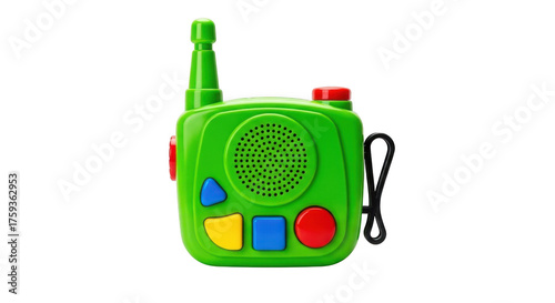 Bright green toy walkie talkie with colorful buttons on a dark backdrop