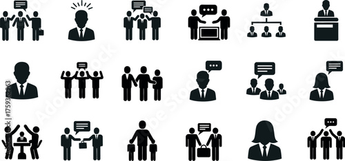Collection of business meeting and communication icons in a clean silhouette style