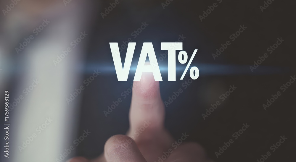 Fototapeta premium VAT Symbol: A person's finger presses the VAT% symbol, highlighting the concept of taxation and value-added tax in a modern business context. Generative Ai