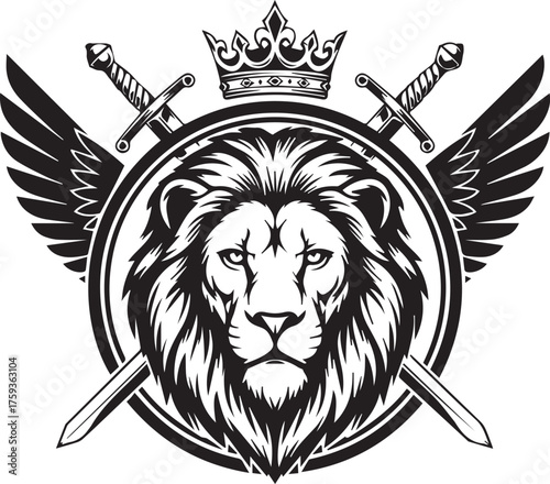 Lion Head with Crown Swords and Wings Emblem vector