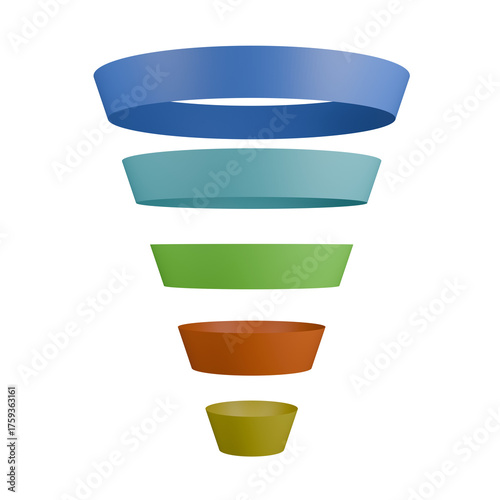 Sales funnel diagram showing marketing element conversion process data, presentation transparent background isolated 3D render