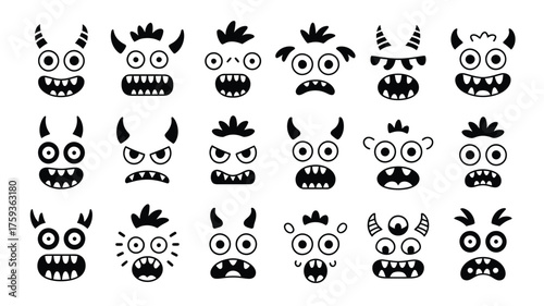 Collection of cartoon monster faces with different expressions in black and white style vector illustration silhouette