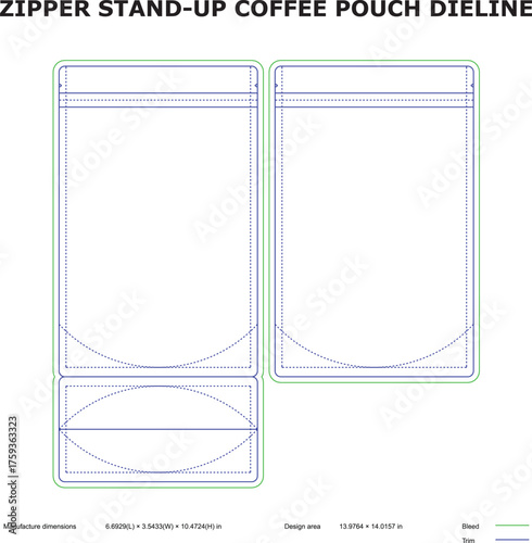 Zipper Stand-Up Coffee Pouch Dieline | Printable Packaging Template for Coffee Bags & Food Products