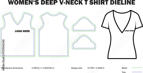 Women’s Deep V-Neck T-Shirt Dieline | Printable Apparel Template for Fashion Design and Custom Clothing