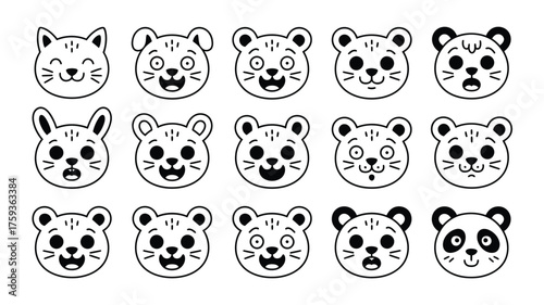 Collection of cartoon animal faces with various expressions in black and white outline style art silhouette