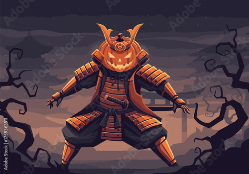 A samurai warrior with a jack-o'-lantern head stands in a spooky forest, wearing orange armor and holding a katana.