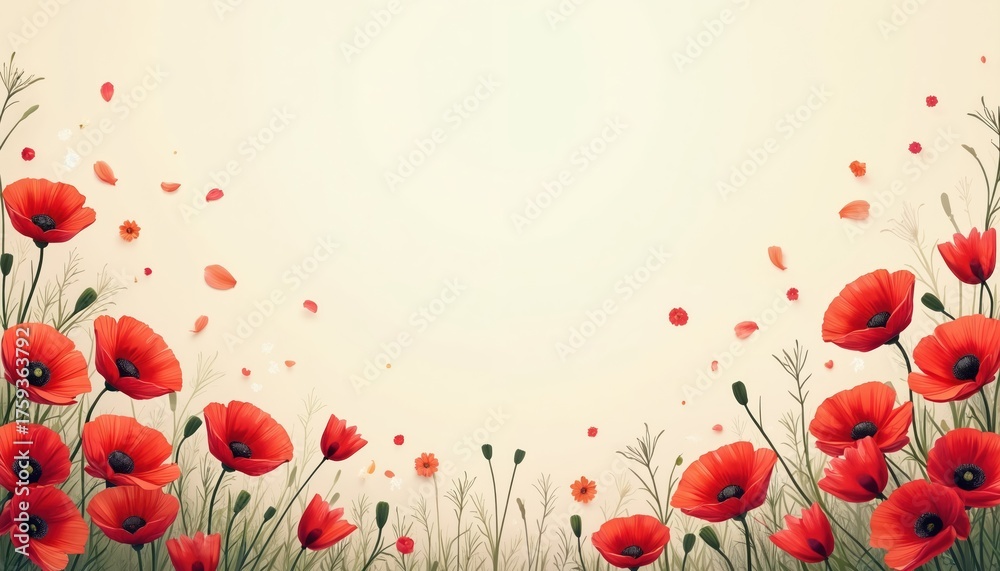 Fototapeta premium Floral frame with red poppy flowers, petals, green plants on light backdrop. Botanical art design for cards, banners, invitations, wallpapers prints. Springtime blossom layout with copy space for