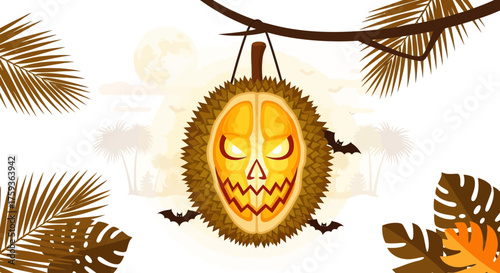 Creepy durian fruit carving for Halloween, tropical spooky season with bats and palm trees, festive autumn design, perfect for cards and invitations