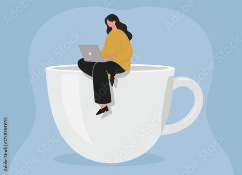A woman works on her laptop while sitting on a giant coffee cup, a concept for coffee breaks, remote work, creativity, and finding a relaxed workspace