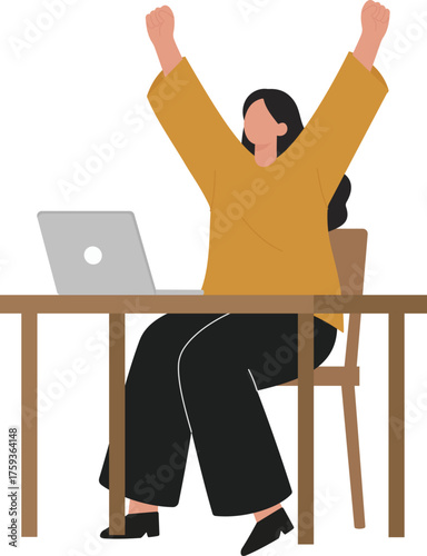 A woman sits at her desk with a laptop, arms raised in victory. This flat vector illustration shows success, happiness, and achieving a goal at work