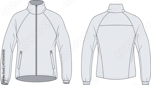 Technical jacket sketch, front and back view, high collar, zipper pockets, elastic cuffs, fashion design, garment construction, outerwear illustration
