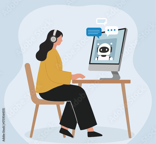 A woman interacts with an AI chatbot for customer support. This flat vector illustrates online assistance, virtual communication, and modern technology