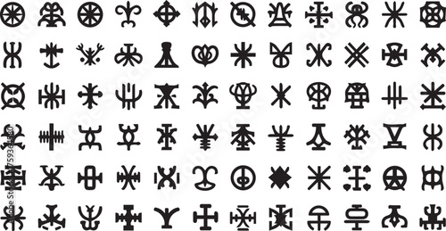Collection of ancient occult symbols and mystical signs in black and white on a white background