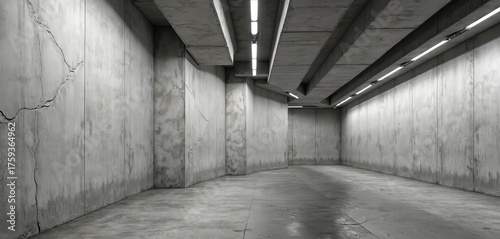 Cracked concrete tunnel interior with overhead fluorescent lights. Stark grey walls, floor, and ceiling show signs of wear and tear, creating a distressed architectural atmosphere for backgrounds.