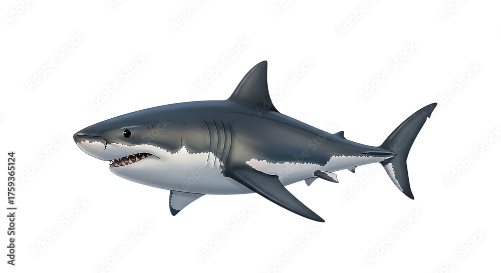 Fototapeta premium Illustration of a great white shark swimming with its mouth slightly open on a black background created with generated ai