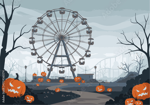 A Ferris wheel stands tall in a spooky Halloween amusement park, surrounded by carved pumpkins and bare trees under a grey sky.