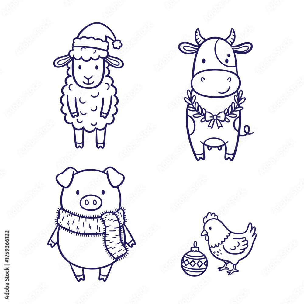 Obraz premium Cute Christmas Farm Animals in Santa Hats Doodle Set