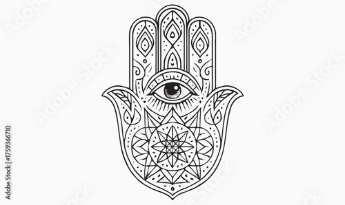 "Intricate Hamsa Hand Line Art with Evil Eye and Geometric Floral Motifs for Spiritual "