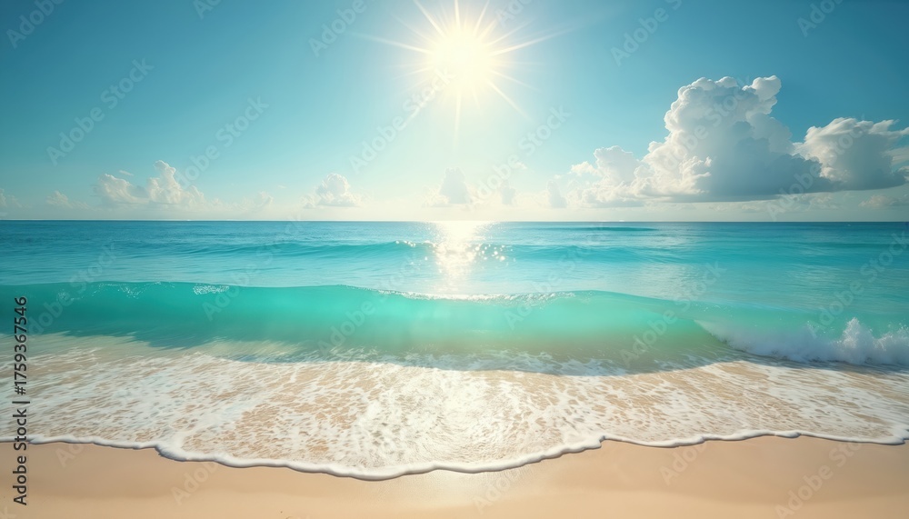 Fototapeta premium Turquoise ocean wave breaks on sandy beach under bright sun. Clear blue sky with clouds forms horizon. Tropical sea landscape invites calm relaxation.