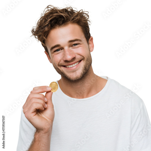 Cheerful Young Man Holding Golden Coin on Transparent Background