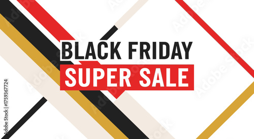 Black friday super sale advertisement with diagonal stripes in red black gold and white color scheme design clean vector artwork with transparent background