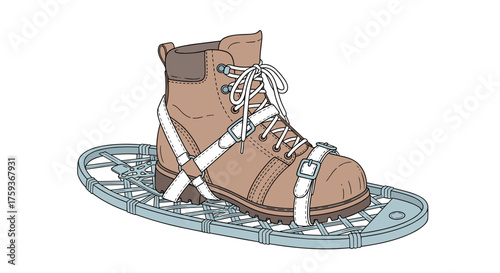 Hiking boot strapped into snowshoe illustrated in winter colors