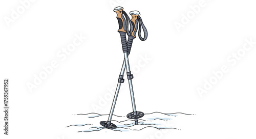 Pair of trekking poles in snow illustrated in minimal winter style