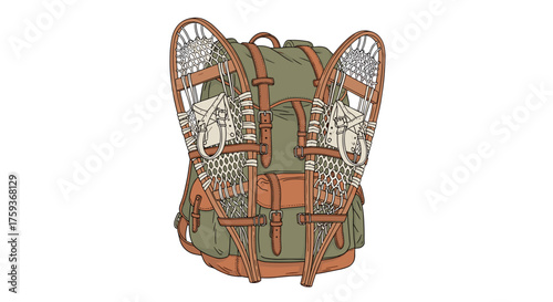 Hiking backpack with snowshoes illustration in earthy colors