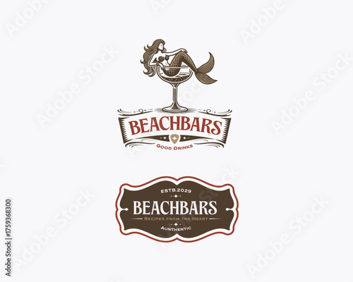 Mermaid lounging inside a cocktail glass logo template